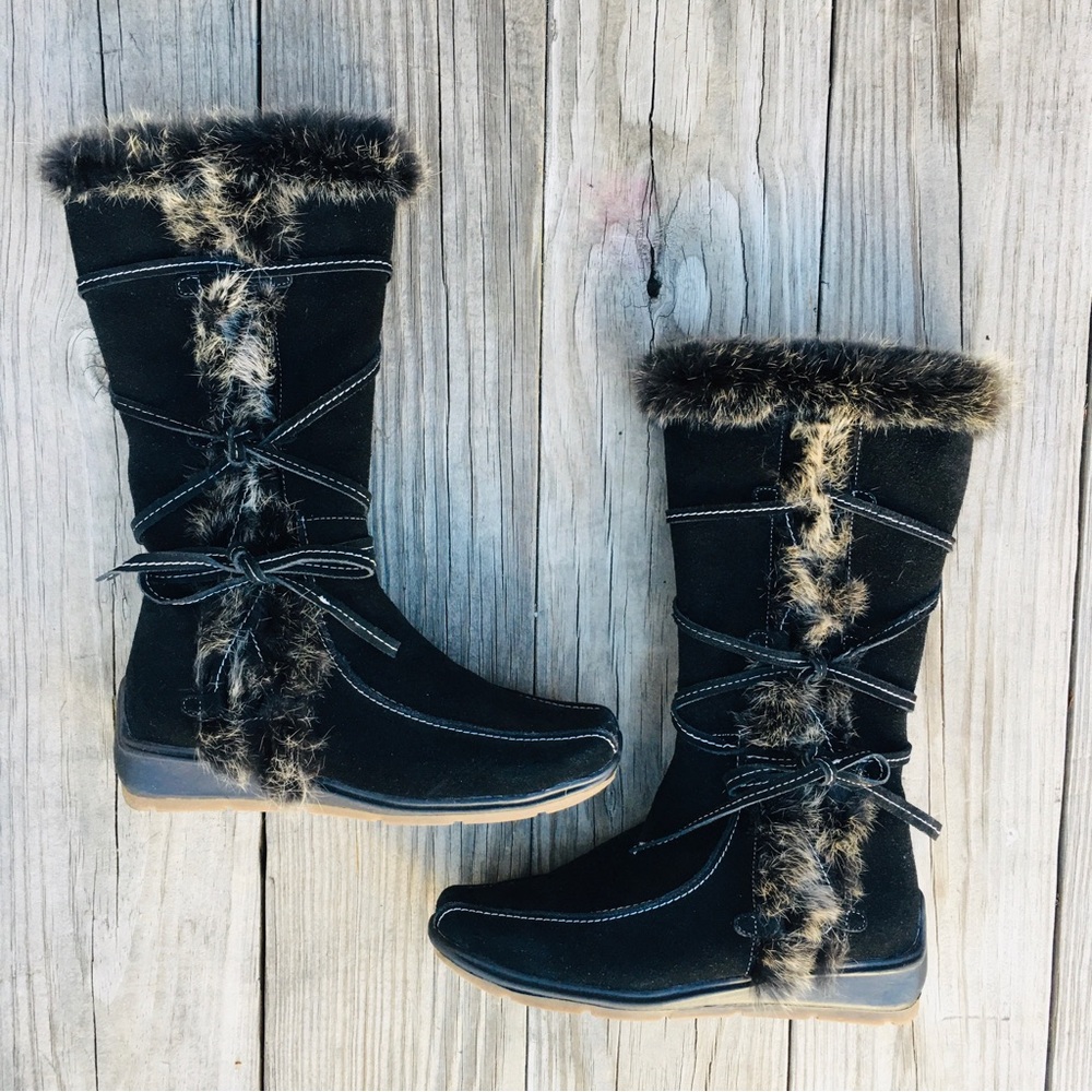 Colin Stuart Black Suede Leather Genuine Fur Trimmed Winter Flat Boots 6.5